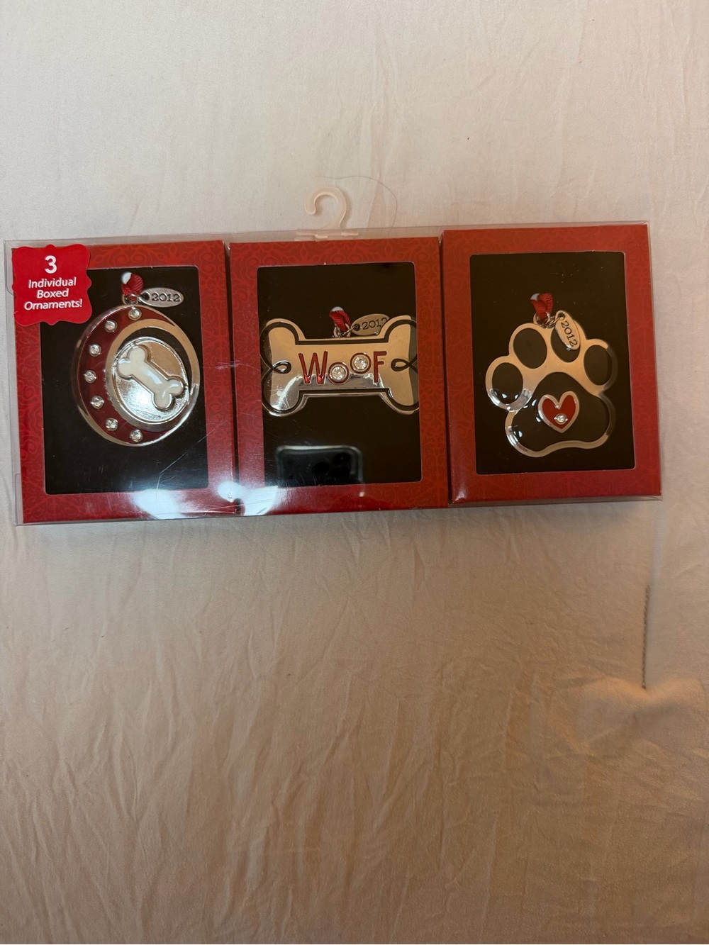 Set of 3 Dog-Themed Ornaments - Red, Silver, White‎